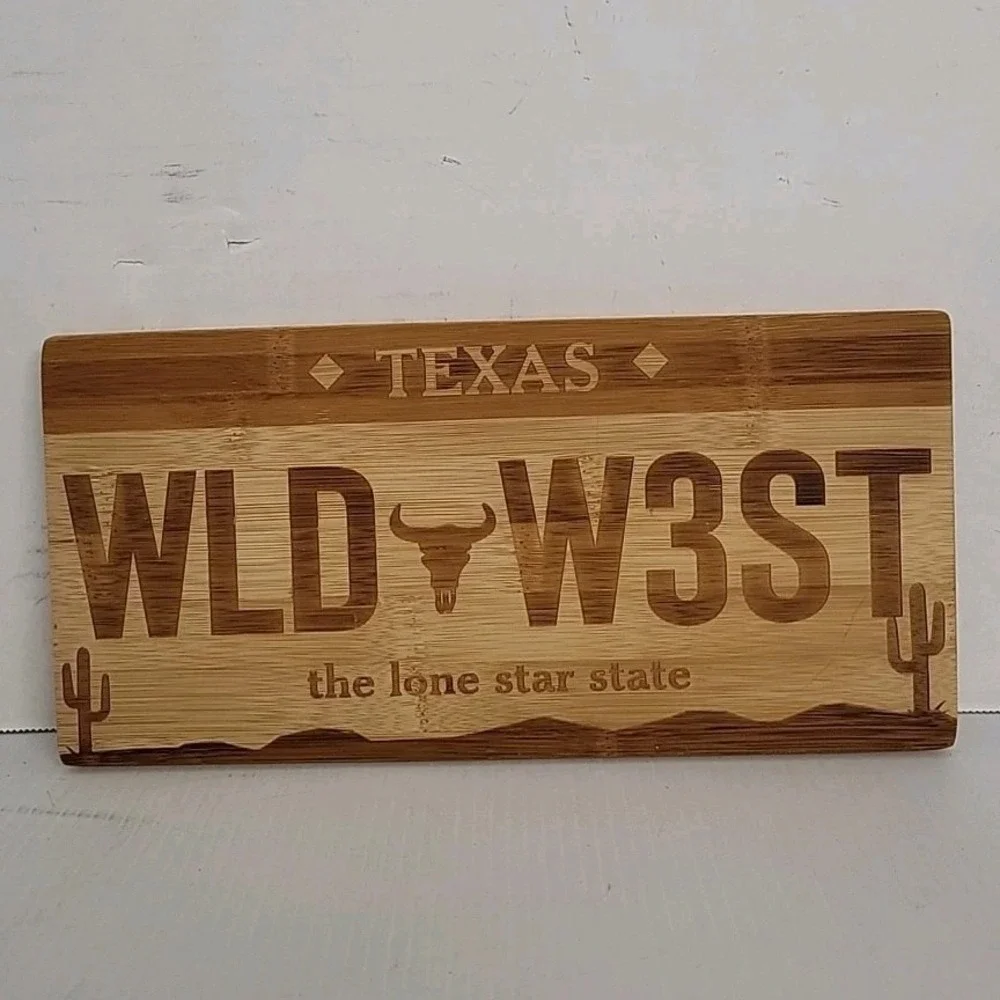 Texas Lone Star State Cutting Board Plaque License Plate W Longhorn BAMBOO